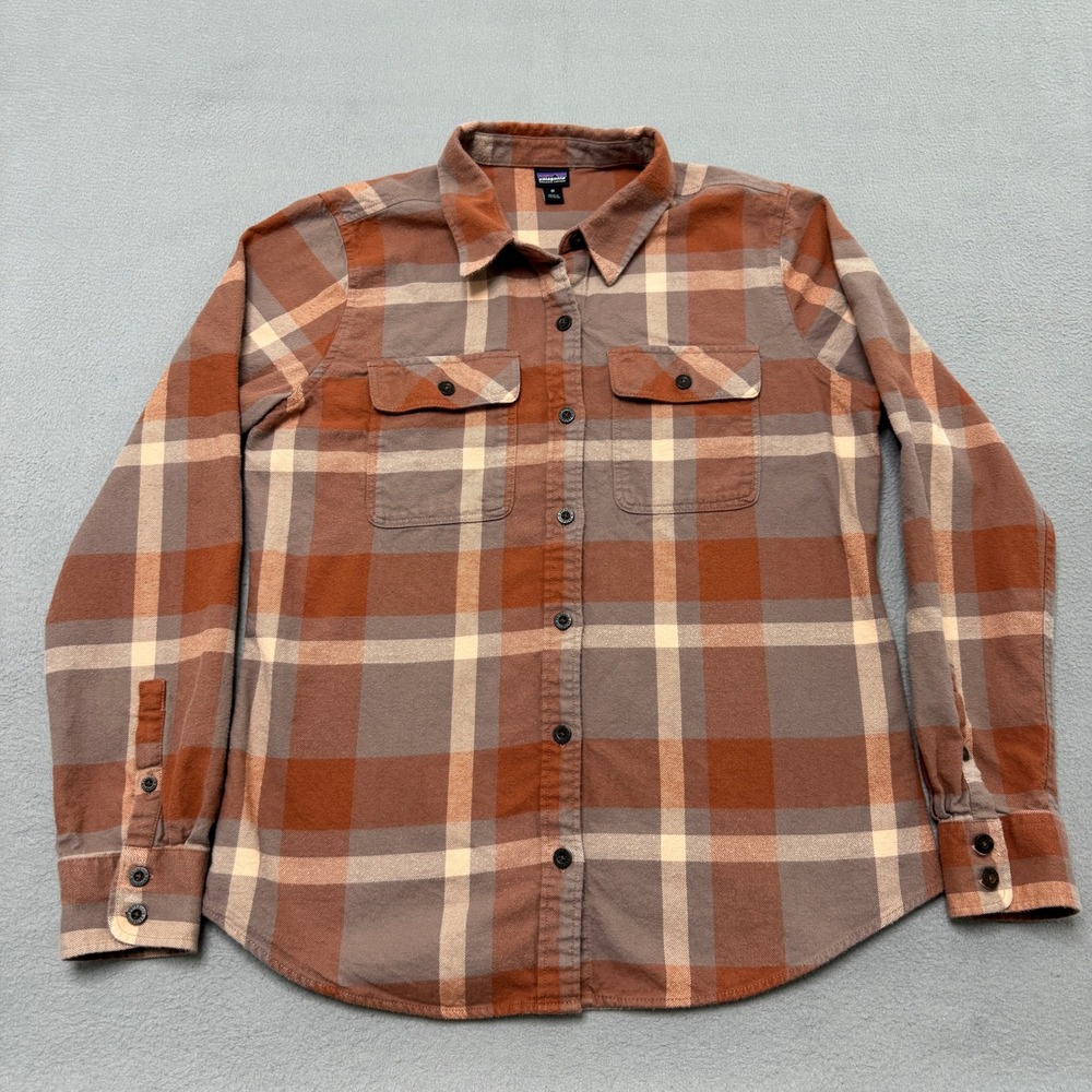 Patagonia Fjord Flannel Shirt Womens M Brown Orange Organic Cotton Plaid Button